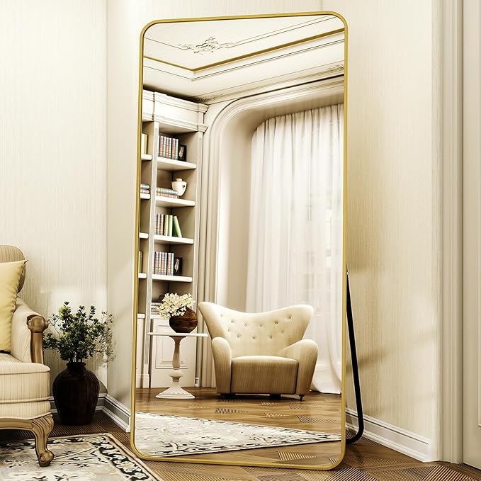 XRAMFY 76"x34" Floor Full Length Mirror Standing Full Body Rounded Corner Rectangle Mirrors with Stand Hanging Wall Mounted Leaning Bedroom Living Room Bedroom Cloakroom,Gold