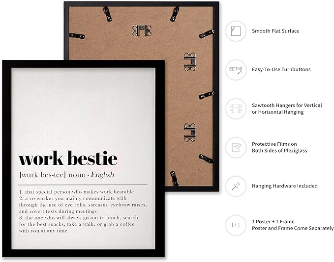 Poster Master Typography Poster - Dictionary Print - Work Bestie Definition, Special Person Who Makes Work Bearable - Gift for Colleague, Friend - Wall Decor for Home, Office, 8x10 Black Framed