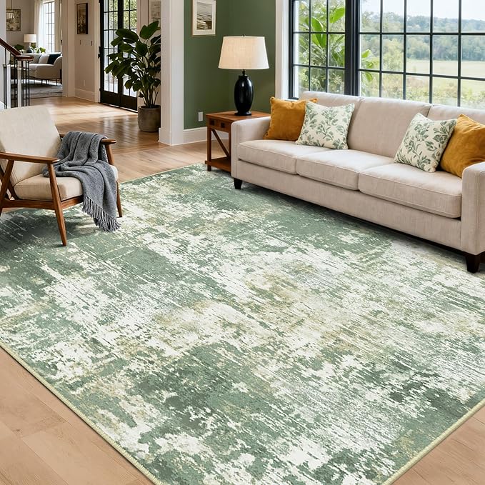 RELEANY Washable Area Rugs 9'x12' Non-Slip Modern Abstract Soft for Living Room Entryway Bedroom Nursery, Print Pattern, Light Green/Yellow