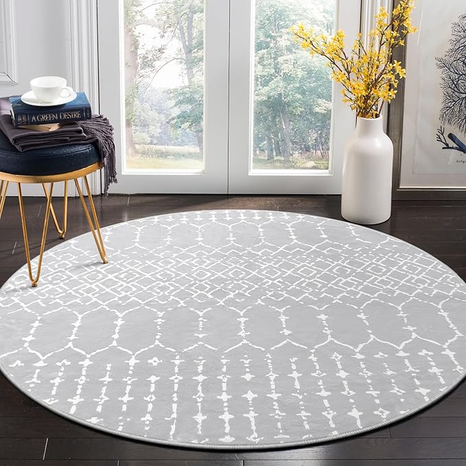 Lahome Moroccan Round Rugs 6Ft Washable Circle Area Rug for Living Room Grey Non-Slip Stain Resistant Dining Room Rug Large Circle Rug, Modern Geometric Print Indoor Round for Bedroom Entryway Hana