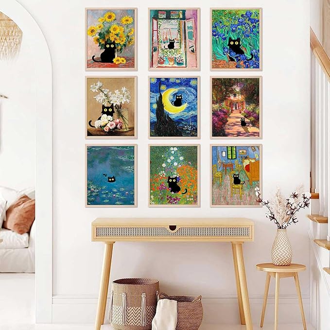 9Pcs Funny Black Cat Wall Art Cats in Famous Paintings Posters Prints Vintage Gallery Wall Decor Pictures Eclectic Cute Preppy Aesthetic Room Decor,Unframed