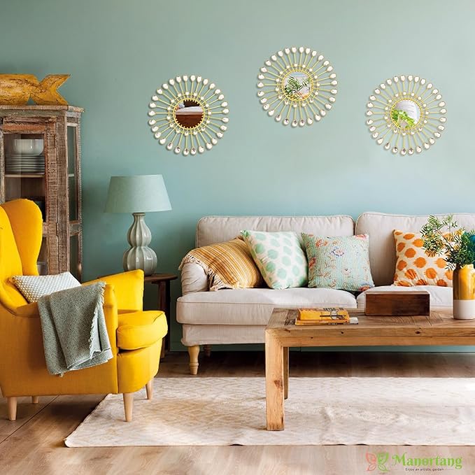 Gold Mirrors - Sunburst Valentine Wall Art, Decorative Round Mirrors for Valentine Bedroom, Living Room, Bathroom, Kitchen, Entryway, Hallway - Set of 3