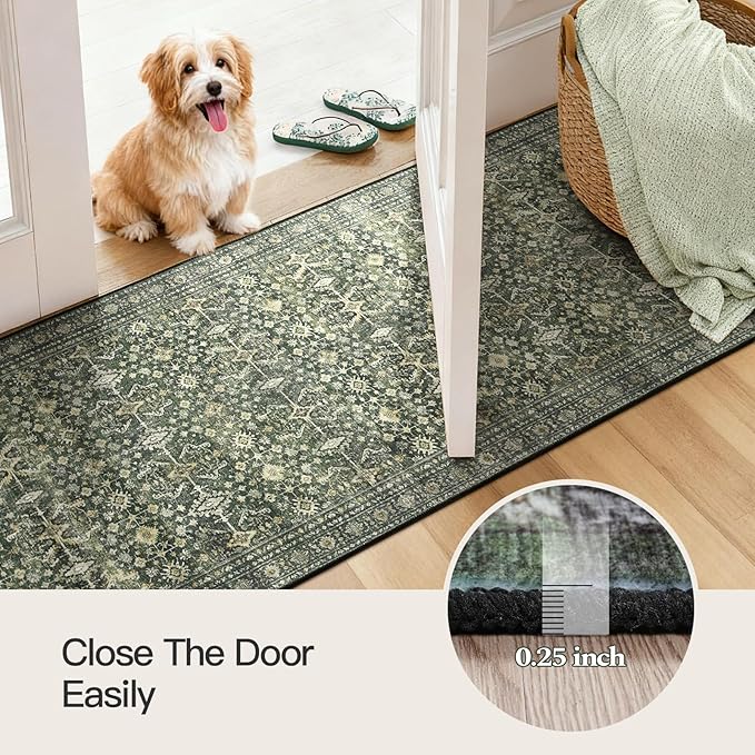 Lofus 2'6"x14' Area Rug for Hallways,Green Washable Runner Rugs with Non Slip Rubber Backing, Low Pile Soft Carpet Runner for Kitchen Bathroom Bedroom Laundry