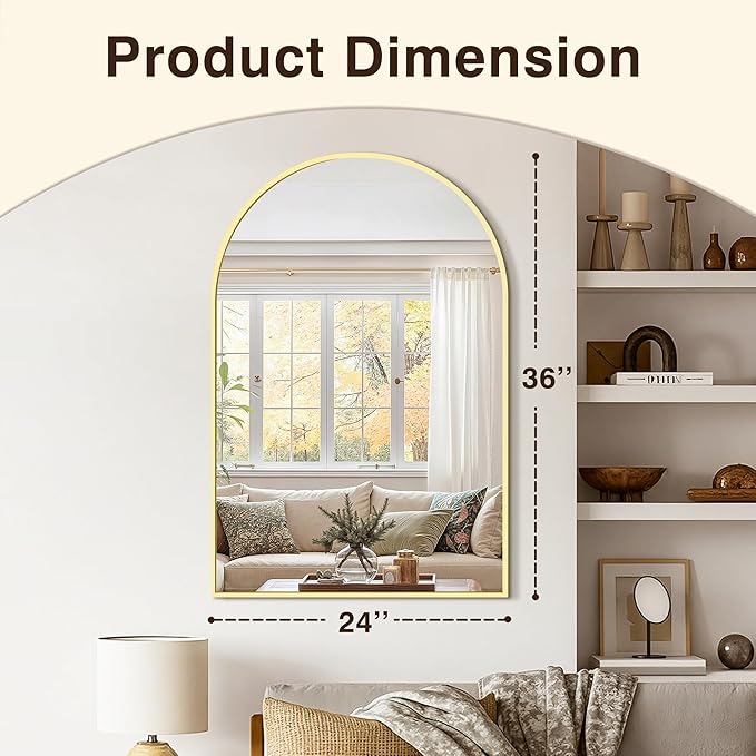 Vanity Bathroom Mirror for Wall, 2 Pack 36”x24” Arched Bathroom Mirror for Over Sink, Arched Metal Frame for Bedroom, Living Room, Entryway, Hanging or Leaning, Gold