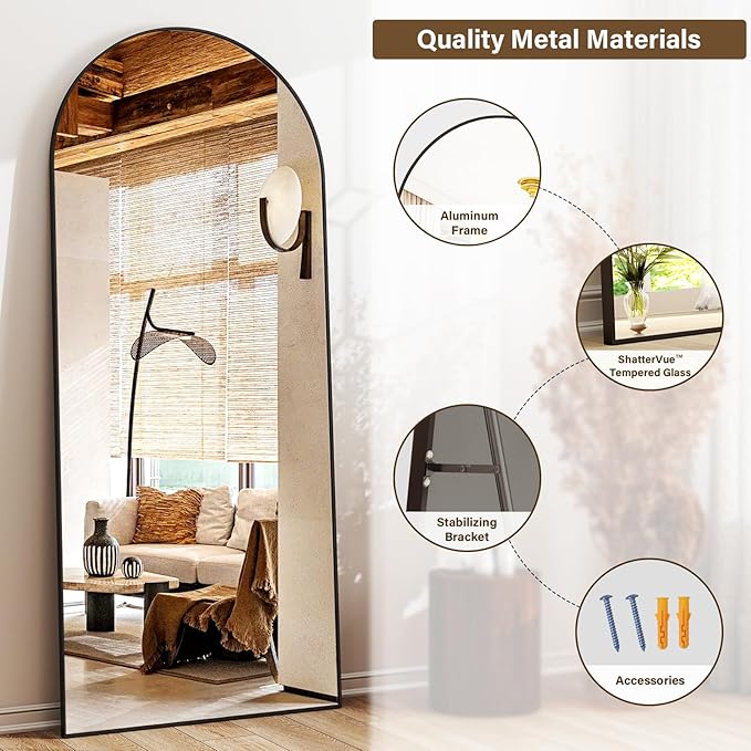 XRAMFY 24x68 Arched Full Length Mirror Floor Mirrors with Aluminum Alloy Frame Free-Standing Wall Mounted Floor Mirrors or Large Dressing Mirror, Black Mirror Full Length