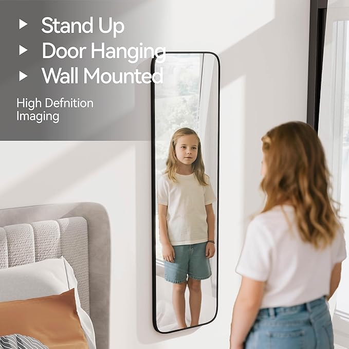 SCWF-GZ 47x14 Mirror Full Body Length Door Hanging/Rope Hang/Wall Mounted Metal Frame Rectangle Mirrors for Bedroom Bathroom Dressing Living Room 47 inch Black