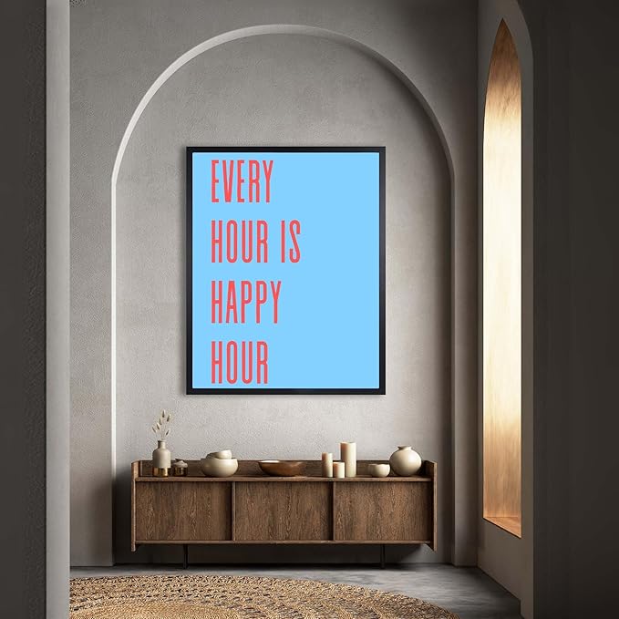 InkFlow Posters Every Hour Happy Hour Poster - Modern Typography Quote Art - Blue Red Minimal Design - Kitchen Bar Wall Decor Accent - Contemporary Home Print - 8x10 Unframed Canvas Print