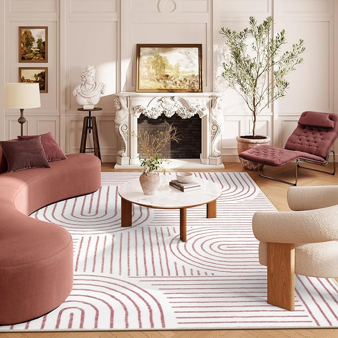 Lahome Abstract 6x9 Area Rugs, Soft Washable Rugs for Living Room Ultra-Thin Non Slip Dining Room Rug, Pink Rug Throw Large Carpet for Bedroom Office Darrell (6'x9',Pink/White)