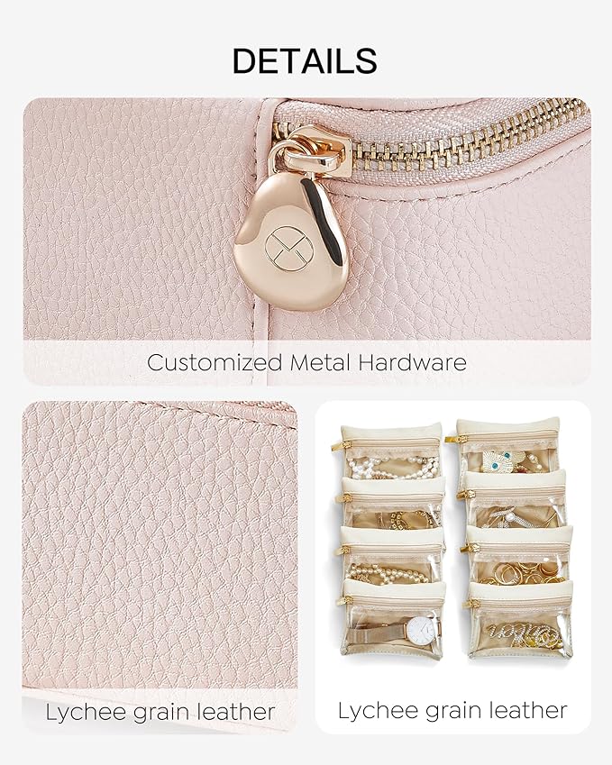 VLANDO Jewelry Travel Case,Gifts for Women,Travel Jewelry Organizer with Clear Velvet Jewelry Bags 8Pcs Zipper Pouch for Women Girl Gift-Pink