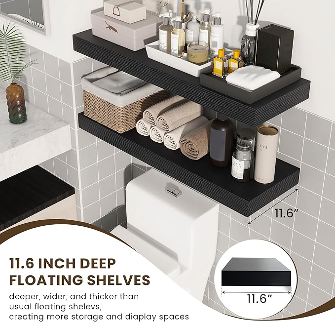 FLYJOE Deep Floating Shelves | 36 Inch Black Floating Shelves Set of 2 | 12 Inch Deep Rustic Wood Shelves for Wall | 36" W x 12" D Black Shelves for Living Room Bathroom Laundry Room Kitchen