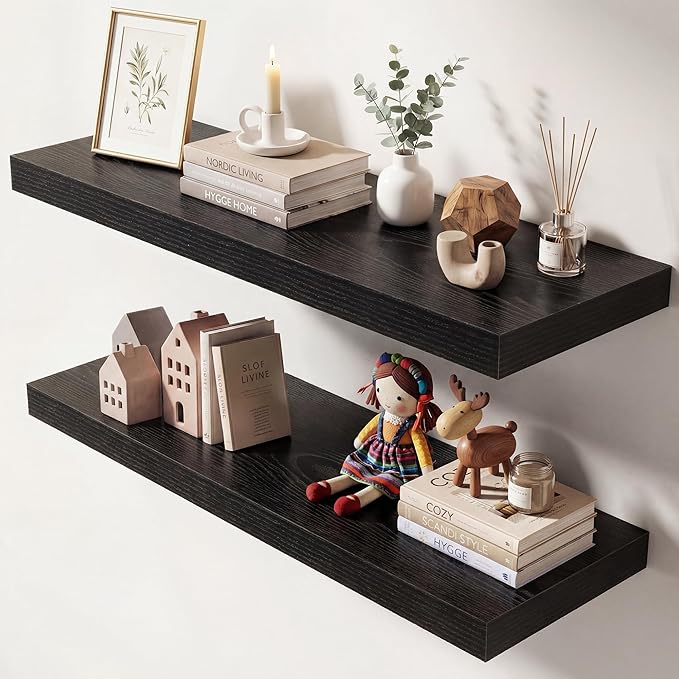 Dreamland 30 Inches Floating Shelves for Wall, 9.3" Deep Long Floating Shelves Set of 2, Large Display & Storage Shelf, Wall Shelf for Bathroom Bedroom Living Room Kitchen Office, Black