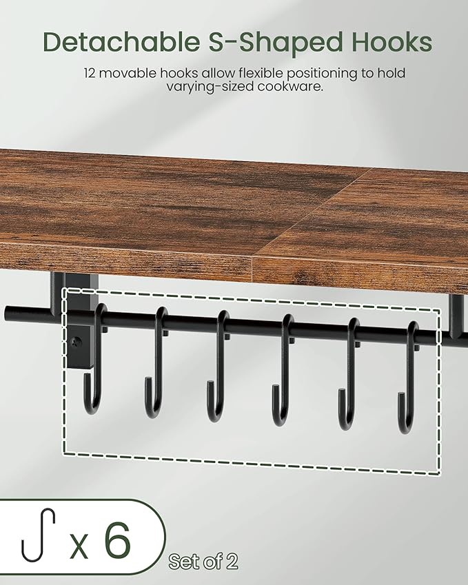 CHOEZON Wall-Mounted Pot Racks, Set of 2 Hanging Pot Rack, Floating Shelves, Wall Shelves, Vintage Pot Hangers for Kitchen, Wall Rack for Kitchen Storage, Rustic Brown and Black TPR26P2BF