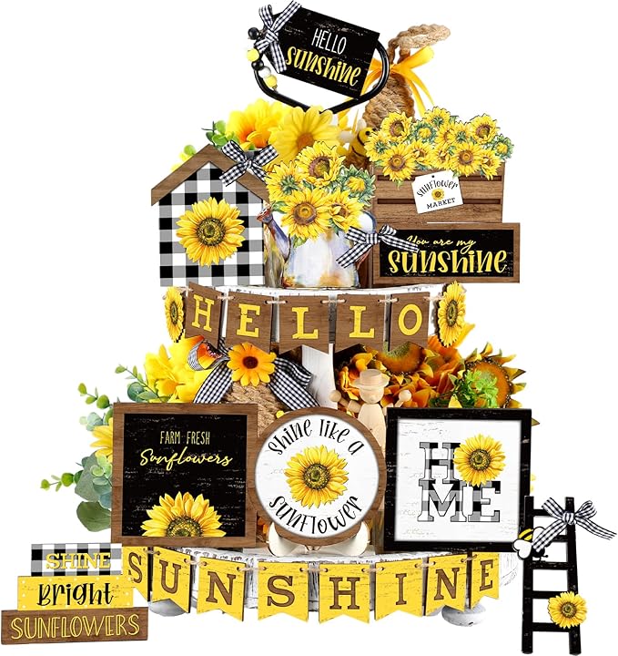 Bucherry 24 Pcs Sunflower Tiered Tray Decor Spring Decorations for Home Farmhouse Decorative Trays Wooden Sign Table Centerpieces for Home Kitchen Shelf Supplies
