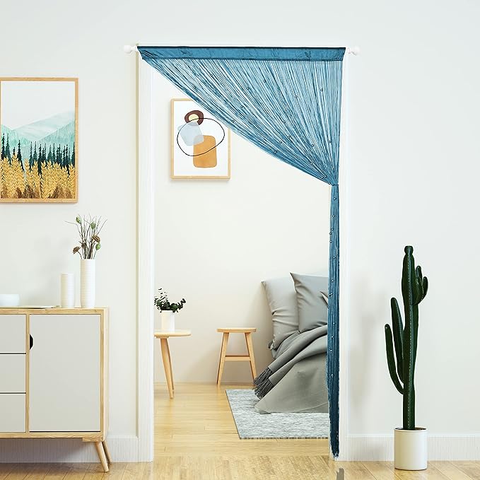 YaoYue Beaded Curtain Door String Curtains for Doorway Tassels Beads Hanging Fringe Hippie Room Divider Window Hallway Entrance Wall Closet Bedroom Privacy Decor (Lake Blue, 100×280cm)