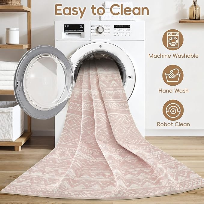 cotiled 9x12 Area Rug Living Room: Washable Boho Rugs with Non Slip Backing Large Soft Indoor Stain Resistant Carpet for Bedroom Farmhouse Dining Room Lightweight Home Decor Lotus Pink