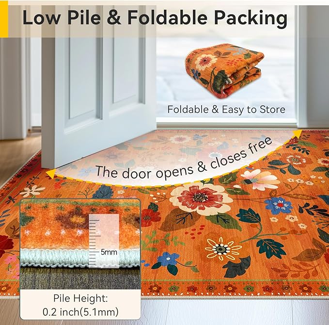 RELEANY Floral Nursery 6x9 Area Rugs Washable Print Boho Cute Carpet Non Slip Flower Low Pile for Living Room Kids Girls Playroom Bedroom Kitchen Office Farmhouse-Burnt Orange