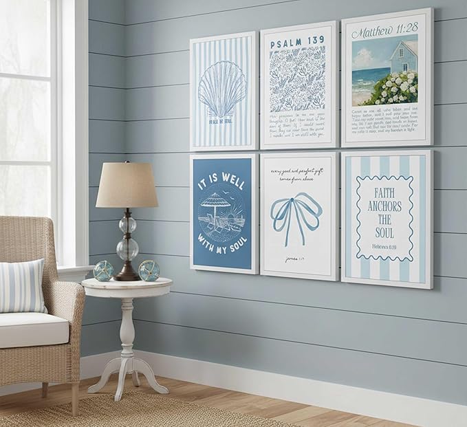 KXIAHTTEN 6pcs Blue Coastal Christian Canvas Wall Art Bible Verses Paintings Pictures Wall Decor Preppy Religion Aesthetics Poster Printing Artwork for Teen Girl Room Dorm Apartment Unframed