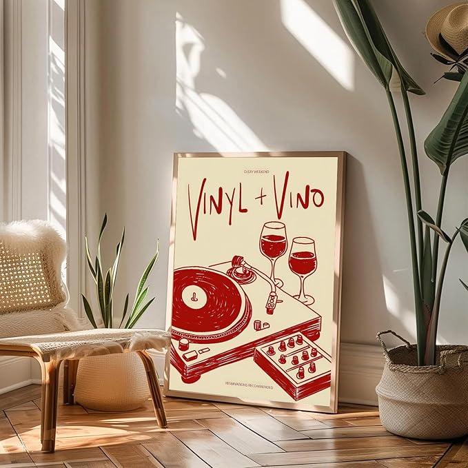 Vintage Wall Art Vinyl & Vino Canvas Poster Trendy Music Poster Retro Music Records Canvas Wall Art Modern Mid Century Vinyl Lover Aesthetic Prints Painting for Home Wall Decor, 16x24inch Unframed
