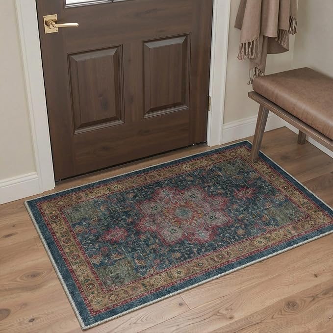 GENIMO 5x7 Area Rugs for Living Room, Machine Washable Rug, Non Slip Indoor Vintage Carpet, Low Pile Lightweight Chenille Print Carpet for Bedroom Dining Room Home Office,Teal Burgundy