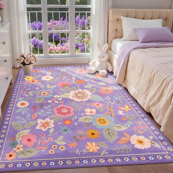 RELEANY Floral Nursery 4x6 Area Rugs Washable Print Boho Cute Carpet Non Slip Flower Low Pile for Living Room Kids Girls Playroom Bedroom Kitchen Office Farmhouse-Purple/Pink/Multi