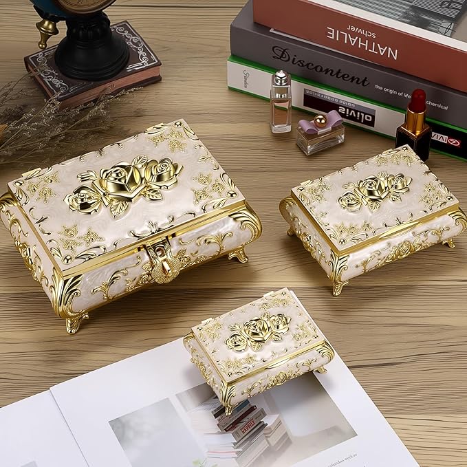 Hipiwe Metal Jewelry Organizer Box Antique Decorative Treasure Chest Keepsake Storage Case for Rings Earrings Holder Gift for Women, Medium