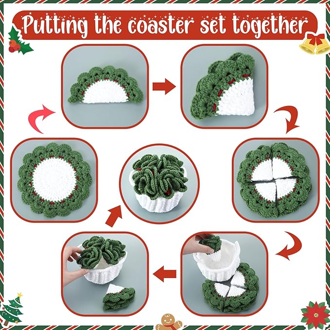 5 Pcs Wreath Crochet Coaster Set Wreath Coaster with White Pot Storage Basket Handmade Present Woven Cup Mats Kit for Holiday Party Gifts Kitchen Office Home Decor