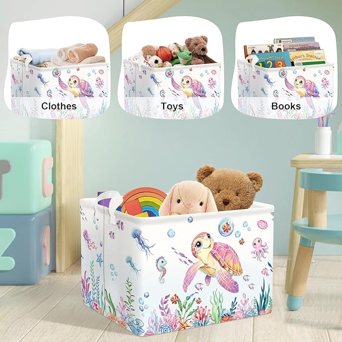 Ocean Animals Baby Laundry Hamper Collapsible Clothes Kids Storage Basket Large Boys Girls Gift Toy Box Bin for Nursery Room, Sea Turtle, 36L