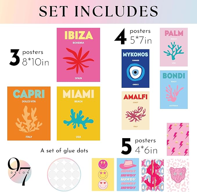 97 Decor Beach Preppy Room Decor Aesthetic - Preppy Beach Room Decor For Teen Girls, Cute Posters For Bedroom, Beachy Wall Prints For Dorm Decor, Trendy Pictures Wall Decor (unframed)