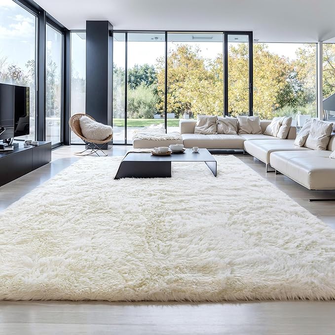 KICHOWUA Thick Area Rug 6x9 Cream White Fluffy Shag for Bedroom Living Room, Soft Plush Washable Thickened Non-Slip Fuzzy Furry Carpet, Modern Shaggy Large Rugs for Kids Nursery Boys Girls Dorm, Ivory
