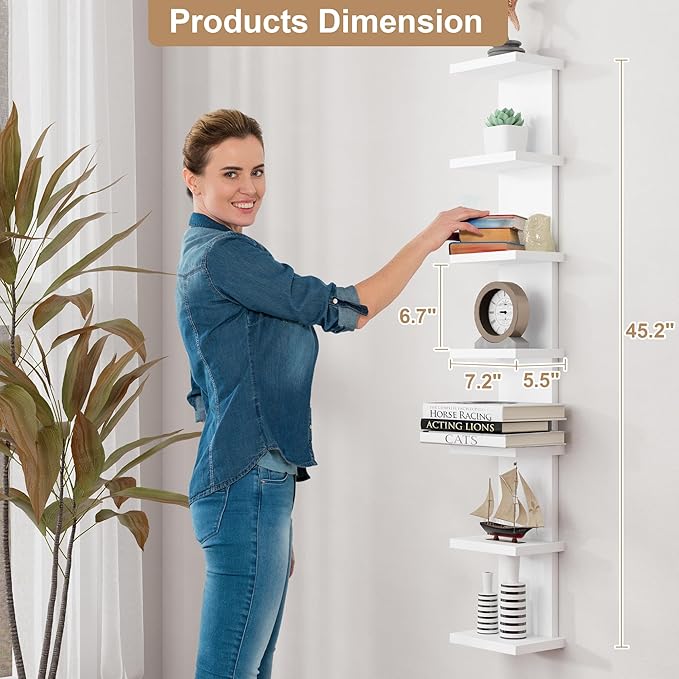 Fun Memories 7 Tier Wall Shelf Unit, White Floating Shelves for Storage - Vertical Column Tower Design, Lack Wall Shelf Space Saving Organizer for Bedroom, Living Room, Home Decor