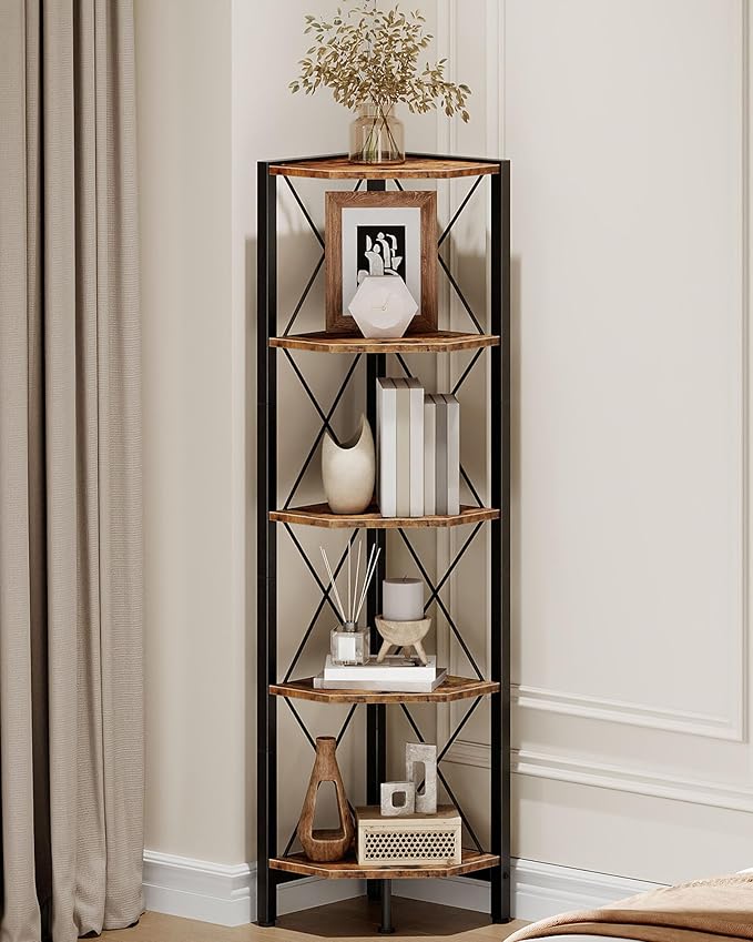 CHOEZON 5-Tier Corner Shelf, Corner Bookcase, 55.2" Tall Vertical Display Rack, Plant Stand, Open Storage Shelf, for Living Room, Bedroom, Study, Kitchen, Rustic Brown and Black TCJ12BF