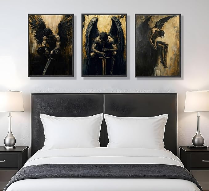 FJKLRP Gothic Dark Angel Wall Art Mural Set 3pcs Black-Winged Male Warrior Canvas Wall Decor Abstract Dark Preppy Style Poster Suitable for Living Room Bedroom and Office Unframed