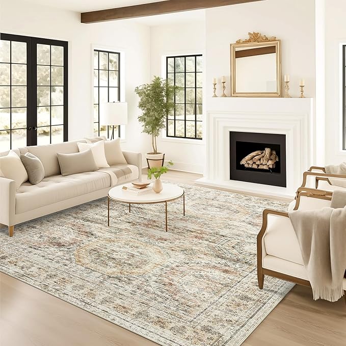 Soalmost Washable Area Rug 8x10, Large Soft Rugs for Living Room Vintage 8x10 Area Rugs for Bedroom Dining Room Non-Slip Stain Resistant Under Table Brown Pink Rug