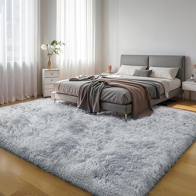 KICHOWUA Thick Area Rug Light Grey Fluffy Shag 3x5 for Bedroom, Soft Plush Fuzzy Shaggy Carpet, Thickened Washable Non Slip Cozy Furry Rugs for Living Room, Kids Baby Nursery Dorm, Tie-Dye Gray