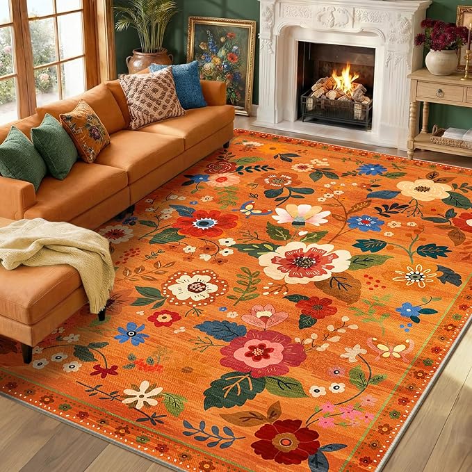 RELEANY Floral Nursery 9x12 Area Rugs Washable Print Boho Cute Carpet Non Slip Flower Low Pile for Living Room Kids Girls Playroom Bedroom Kitchen Office Farmhouse-Burnt Orange