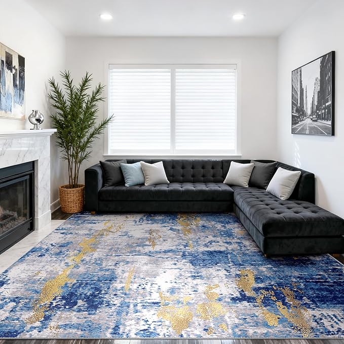 RELEANY Washable Area Rugs 10'x14' Non-Slip Modern Abstract Soft for Living Room Entryway Bedroom Nursery, Print Pattern, Grey Blue Gold/Golden