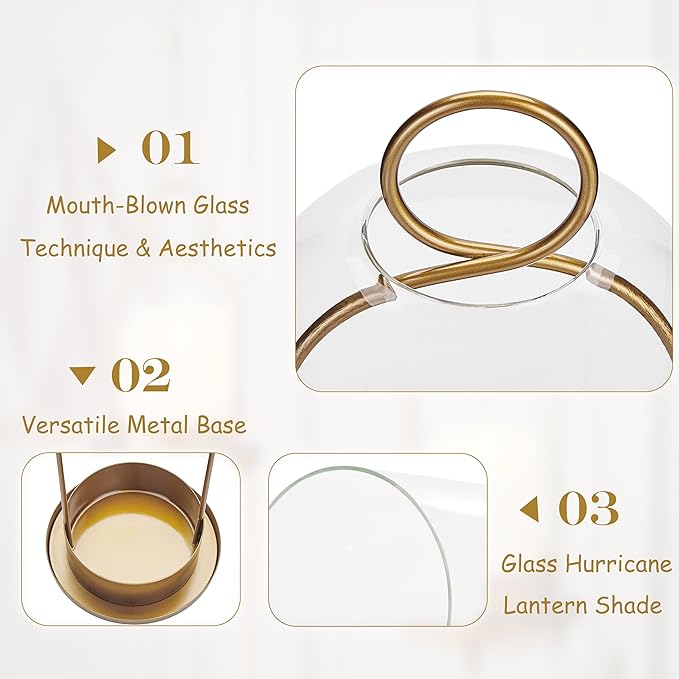 Hurricane Metal & Glass Candle Holder Gold Set of 2, Decorative Candlestick Pillar Candle Holder with Clear Glass for Wedding Party Christmas Holiday Dining Table Centerpiece Lanter