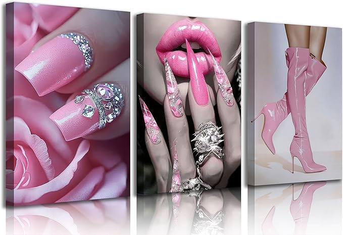 3Pcs Fashion Pink Women Canvas Wall Art Glam Funky Maiden High Heel Pictures Wall Decor Elegant Dreamy Lips Pink Posters Prints Paintings for Living Room Bedroom Home Decoration Prepare To Hang