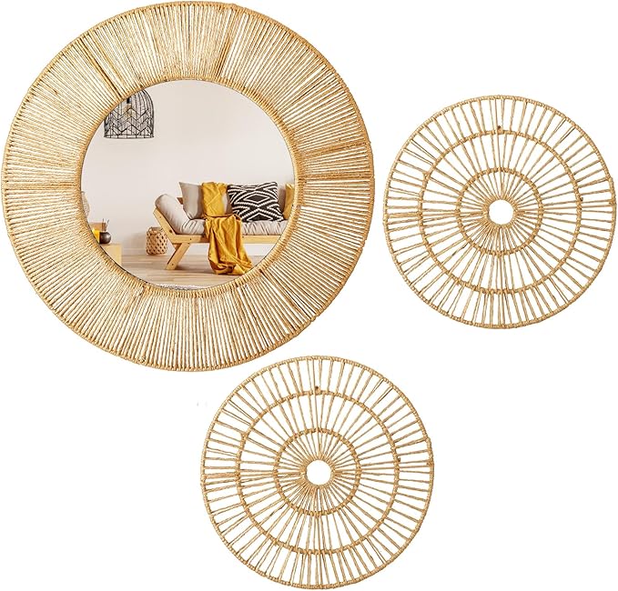 Yerliker 3 Pcs Boho Mirror Wall Decor, Natural Jute Woven Round Mirror, 19.7" Large Decorative Mirrors with 2 Wall Art Plaques, Rustic Farmhouse Coastal Decor for Bathroom Bedroom Living Room Entryway