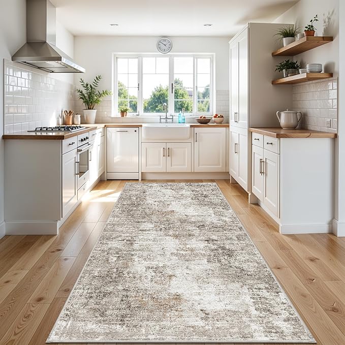 4x10 ft Extra Wide Hallway Rug – Non-Slip Washable Rubber-Backed Large Carpet Runner for Kitchen, Entryway | Modern Abstract, Low-Pile Thin Floor Mat for Bedroom Living Room Dining Room (Beige,Grey)