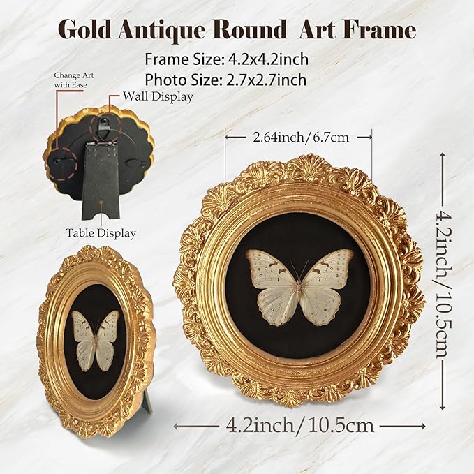Small Vintage White Butterfly Round Picture Frame Wall Decor, Dark Insect Gold Mini Ornate Photo Frame for TableTop Desk 2.7in Photo, Gothic Framed Artwork for Walls Office Bedroom Shelf