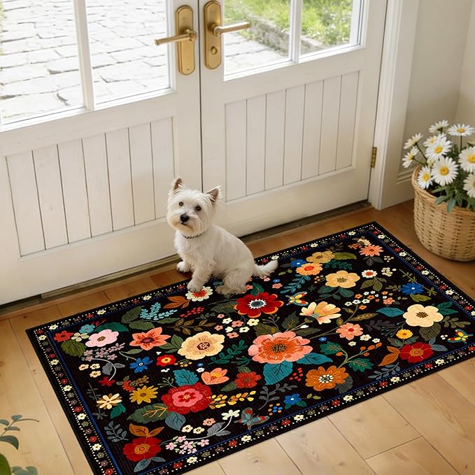 RELEANY Floral Nursery 2x4 Area Rugs Washable Print Boho Cute Carpet Non Slip Flower Low Pile for Living Room Kids Girls Playroom Bedroom Kitchen Office Farmhouse-Black