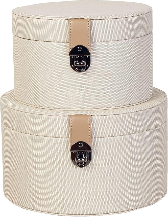Set of 2 Round White Faux Leather Decorative Boxes with Lid for Home Decor
