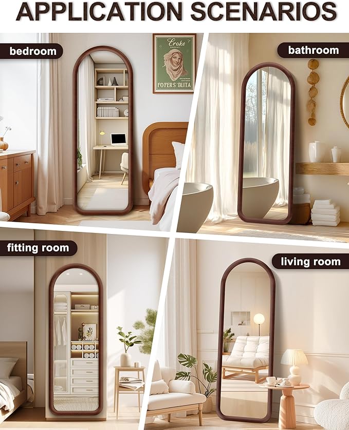Delma Arched Full Length Mirror, Free Standing Floor Velvet Finish Frame Mirror for Leaning or Hanging, Soft Touch Bedroom & Living Room Decor, Brown