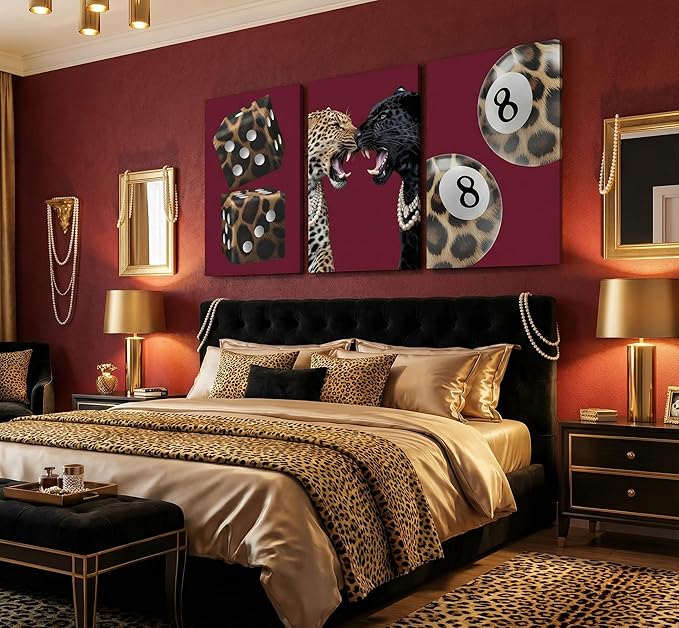 3Pcs Trendy Leopard Canvas Wall Art Funky Lucky 8 Ball Pictures Wall Decor Eclectic Cheetah Preppy Aesthetic Posters Prints Paintings for Bedroom Dorm Living Bathroom Decoration Prepare To Hang