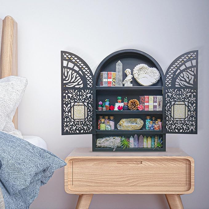 Large Crystal Display Shelf for Wall, Crescent Moon Phase Shelf Wall Decor, Wooden Arch Shelf, Tree of Life Crystal Holder Organizer, Cabinet for Gem Stone Rock, Spiritual Home Room Decor