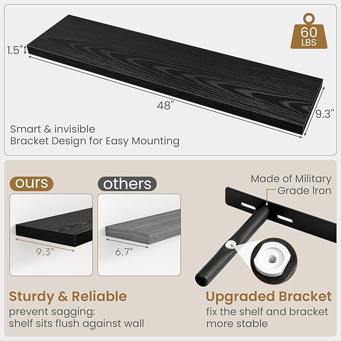 Fun Memories 48 Inch Floating Shelves in Black, 9.3 Inch Deep Wall Shelves for Bathroom, Living Room, Bedroom, Kitchen, Deep Long Shelf Wall Mounted 1 Pack Shelf for Books, Decor