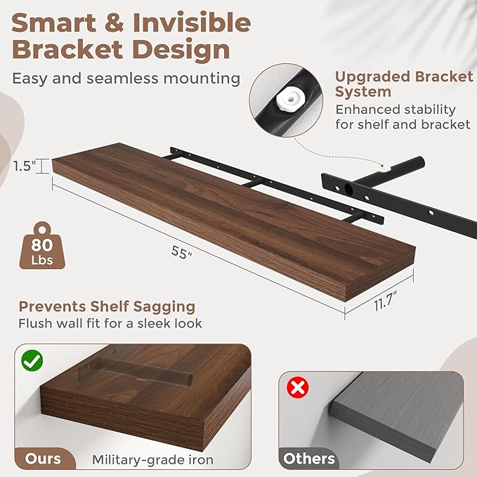 55 Inch Floating Shelves for Wall with Invisible Brackets Set of 2, 12"D Engineered Wood Wall Shelves with Wood Grain for Living Room, Bedroom, Bathroom, Kitchen Decor and Storage, Walnut Finish