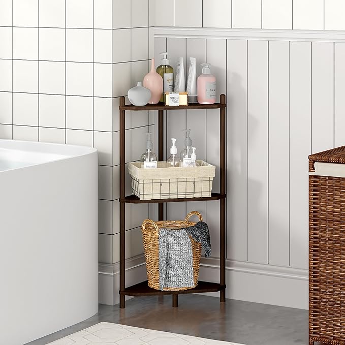 Corner Shelf Stand - 3 Tier Bamboo Small Corner Bookshelf for Office Kitchen Bedroom Plant Stand Living Room Decor Small Space (Brown，3 Tier)