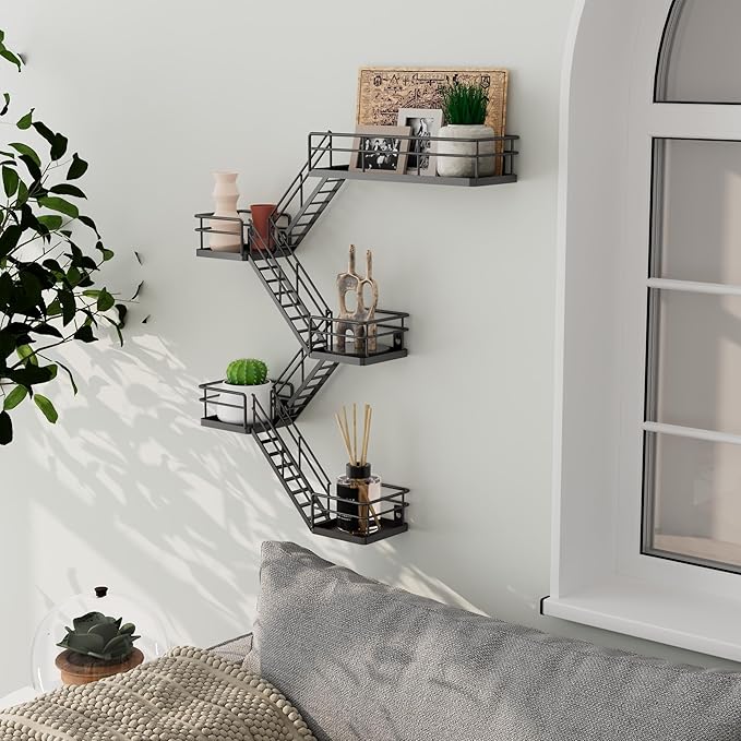 Fire Escape Shelf - 5 Tier Metal Black Fire Escape Wall Shelves with Baskets, New York Action Figurine Display Shelf, Unique Rustic Floating Decorative Wall Shelves for Any Room